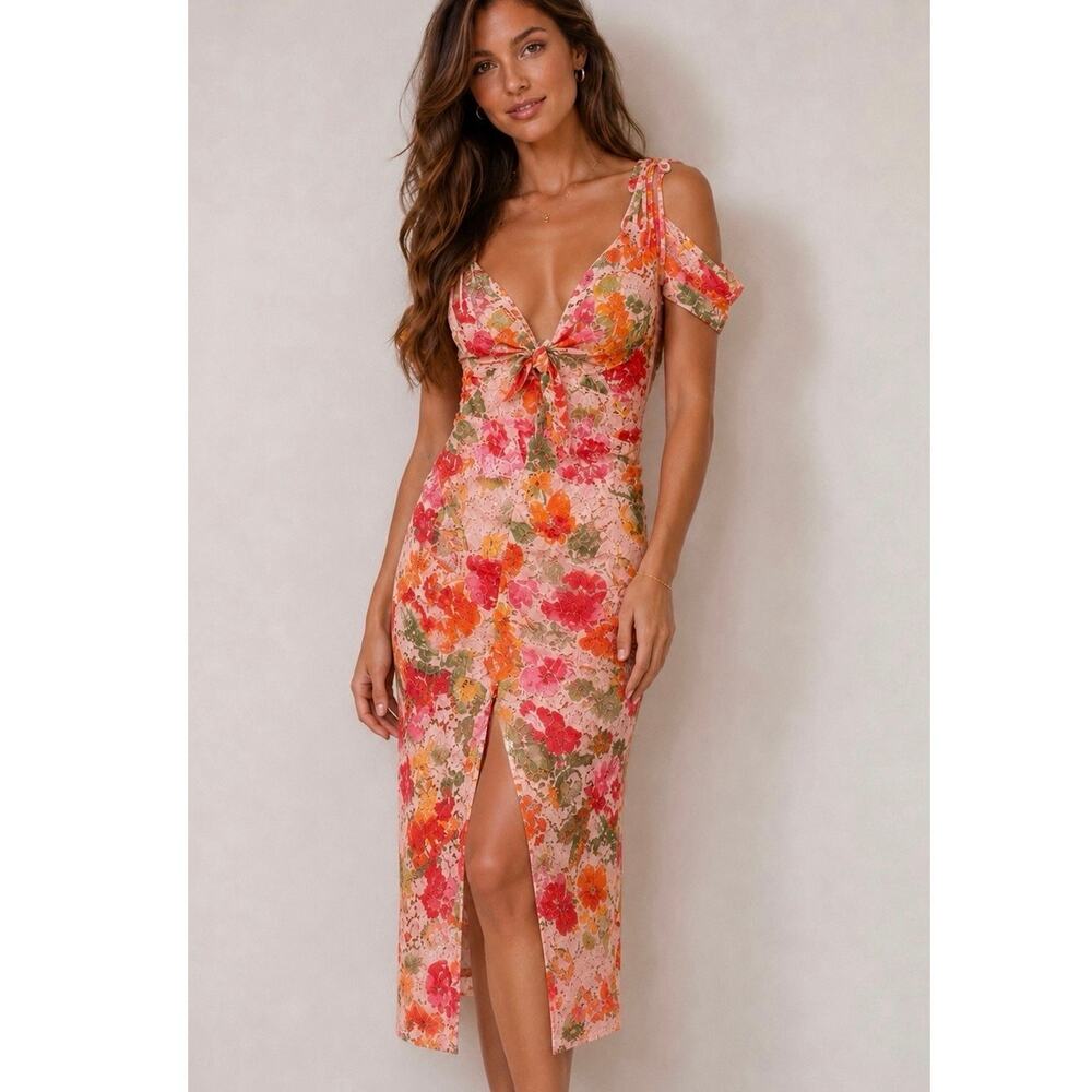 For Love & Lemons Beth Medium Lace Midi Dress NWT Pink Floral Romantic Bodycon